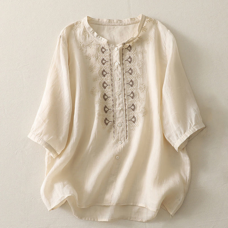 Cotton Linen Embroidered Stand Collar Mindful Shirt
