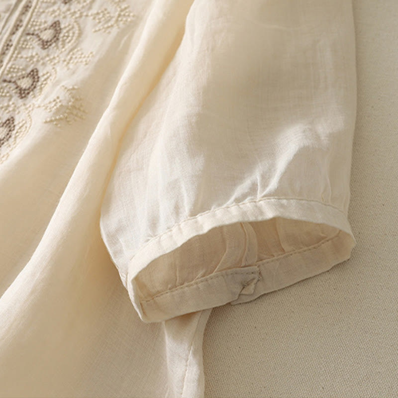 Cotton Linen Embroidered Stand Collar Mindful Shirt