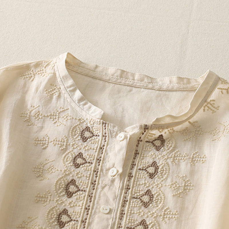 Cotton Linen Embroidered Stand Collar Mindful Shirt