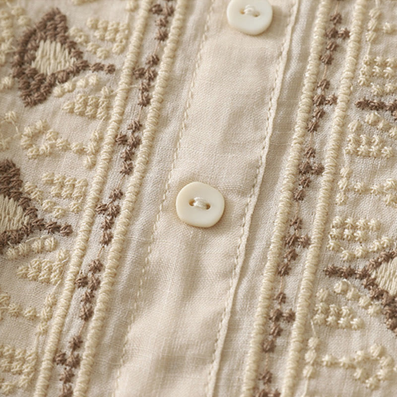 Cotton Linen Embroidered Stand Collar Mindful Shirt