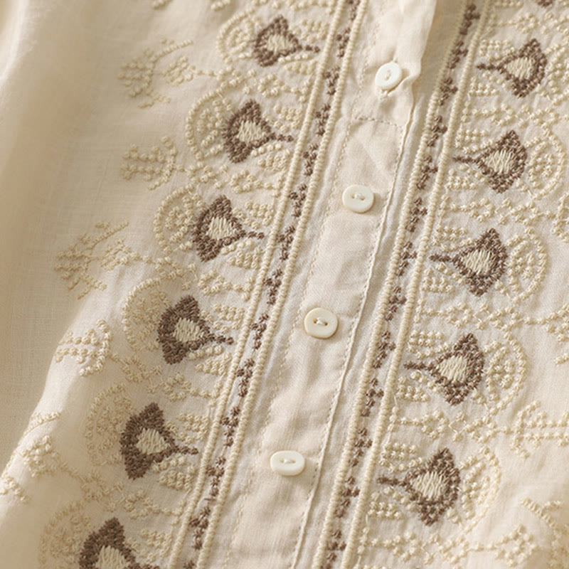 Cotton Linen Embroidered Stand Collar Mindful Shirt
