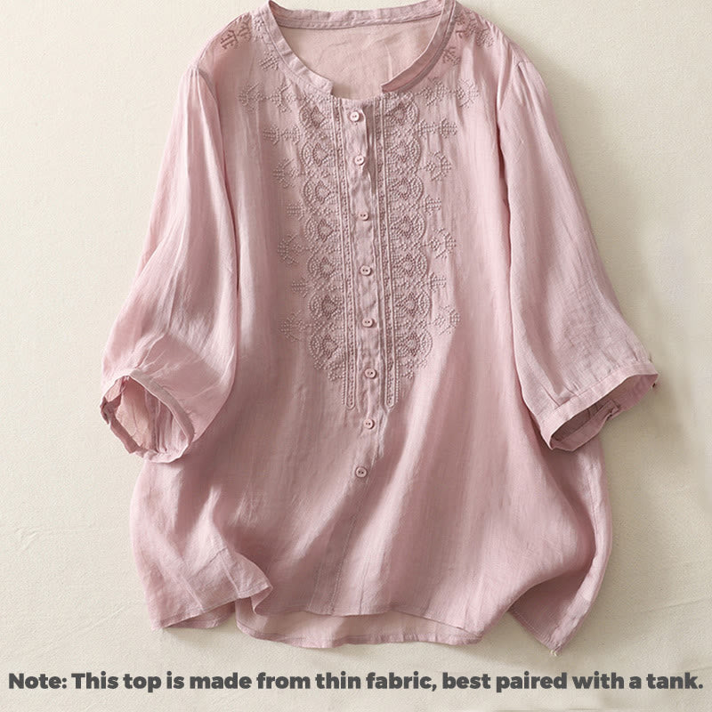 Cotton Linen Embroidered Stand Collar Mindful Shirt