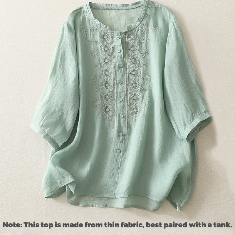 Cotton Linen Embroidered Stand Collar Mindful Shirt