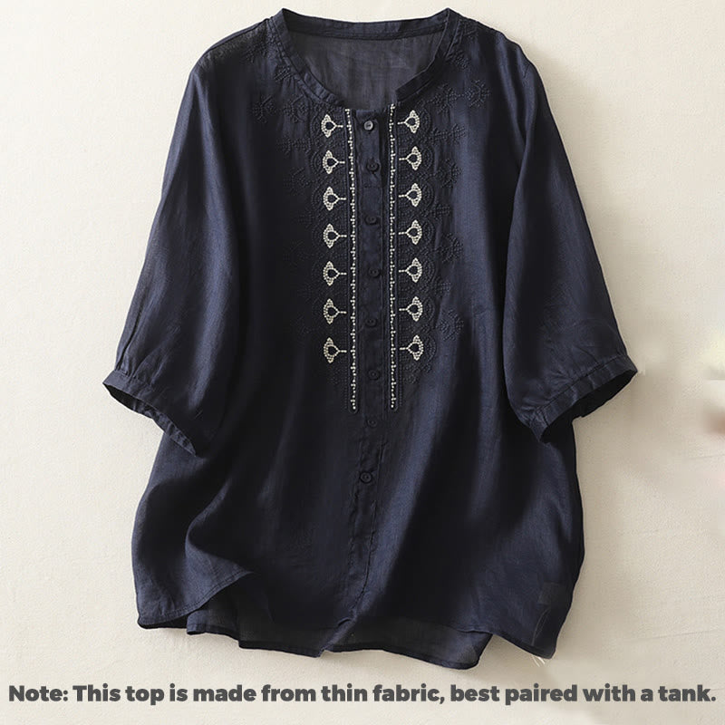 Cotton Linen Embroidered Stand Collar Mindful Shirt