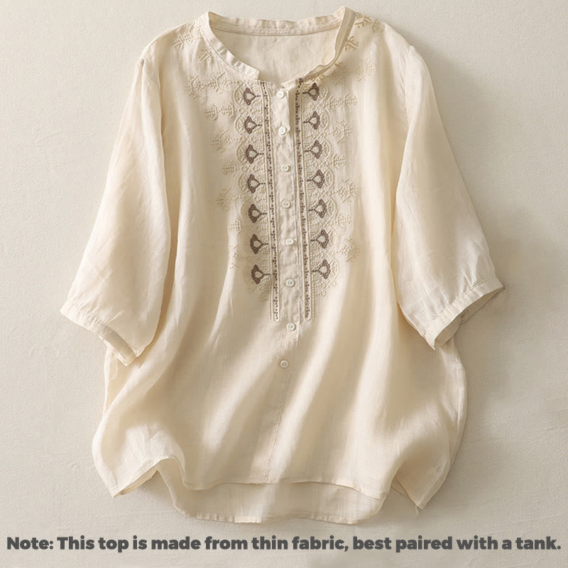 Cotton Linen Embroidered Stand Collar Mindful Shirt