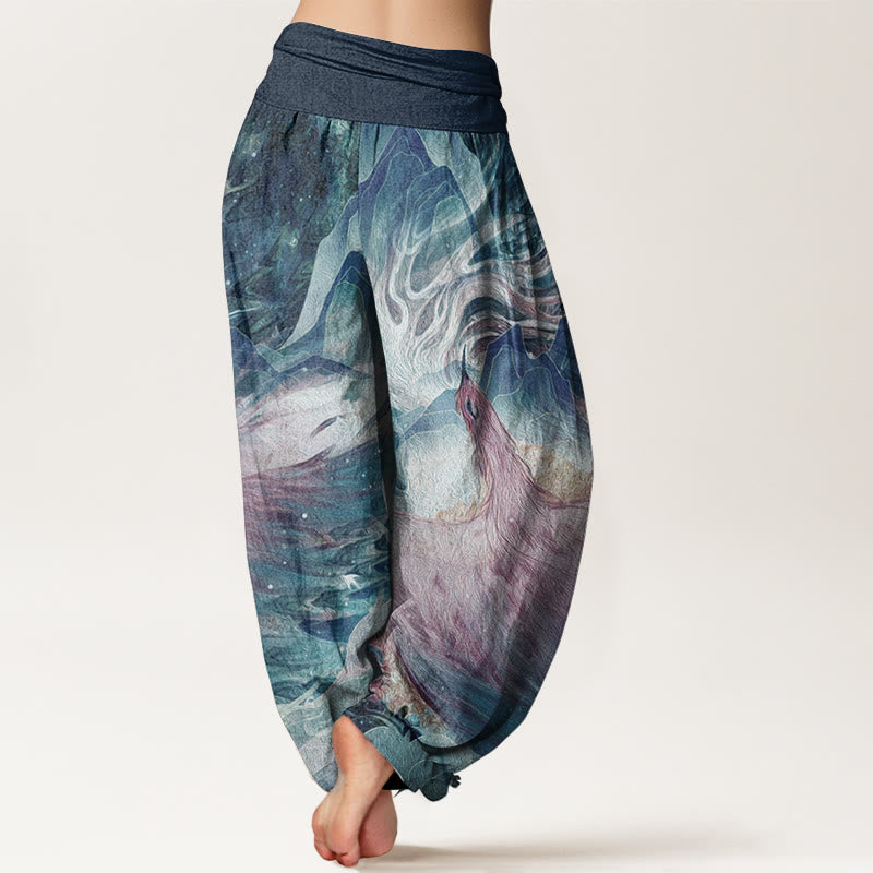 Pure Cotton Mythical Creature Pattern Women's Elastic Waist Harem Pants