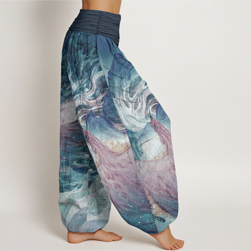 Pure Cotton Mythical Creature Pattern Women's Elastic Waist Harem Pants