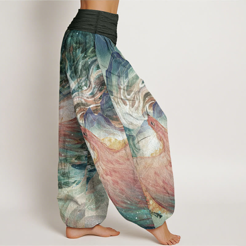 Pure Cotton Mythical Creature Pattern Women's Elastic Waist Harem Pants