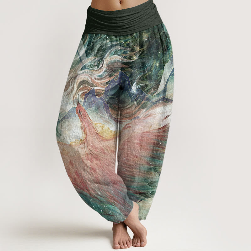 Pure Cotton Mythical Creature Pattern Women's Elastic Waist Harem Pants