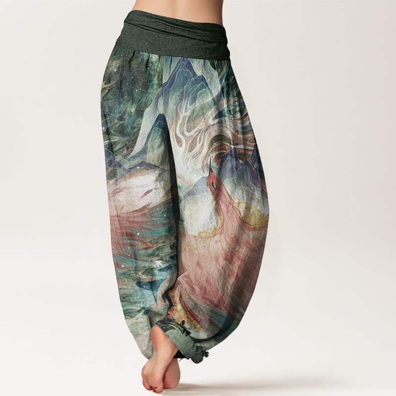 Pure Cotton Mythical Creature Pattern Women's Elastic Waist Harem Pants