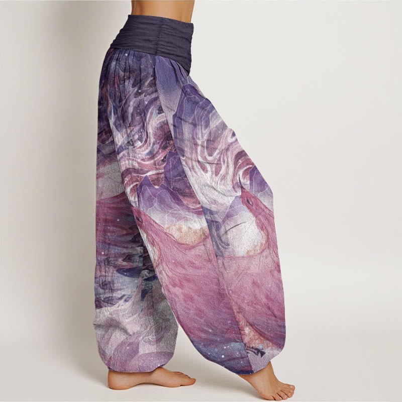 Pure Cotton Mythical Creature Pattern Women's Elastic Waist Harem Pants