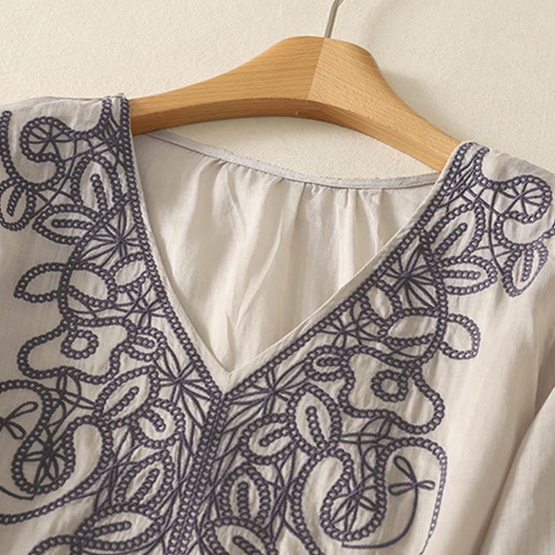 Embroidered V-neck Casual Women's Cotton Linen Half Sleeve T-shirt