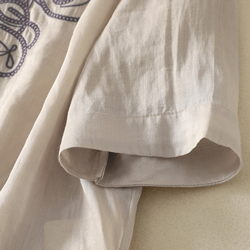 Embroidered V-neck Casual Women's Cotton Linen Half Sleeve T-shirt