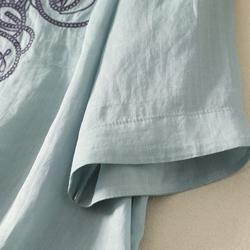 Embroidered V-neck Casual Women's Cotton Linen Half Sleeve T-shirt