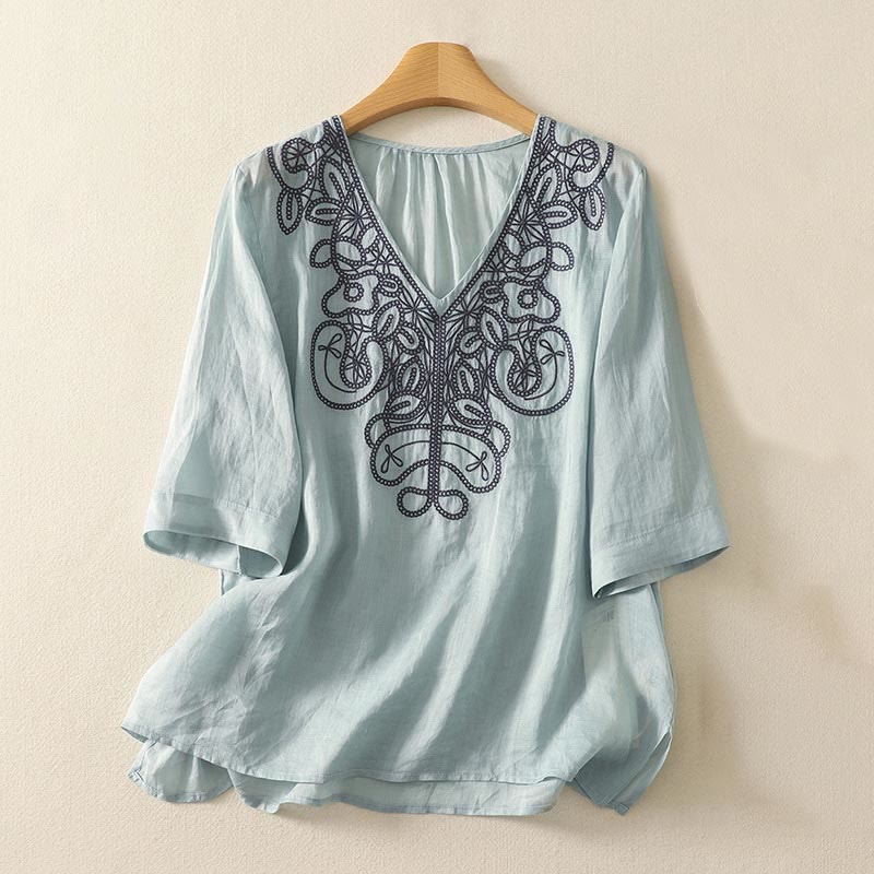 Embroidered V-neck Casual Women's Cotton Linen Half Sleeve T-shirt
