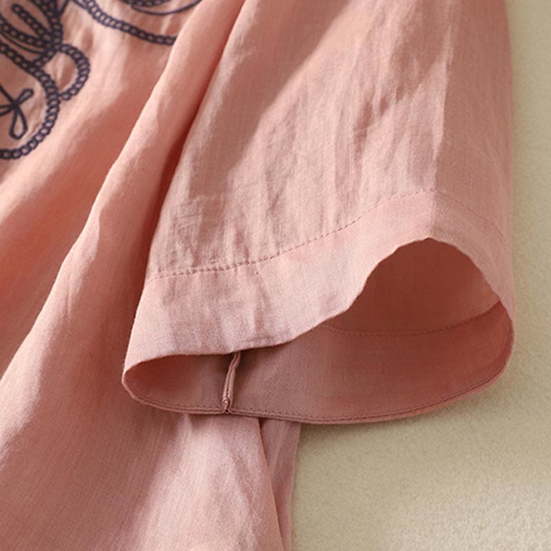 Embroidered V-neck Casual Women's Cotton Linen Half Sleeve T-shirt