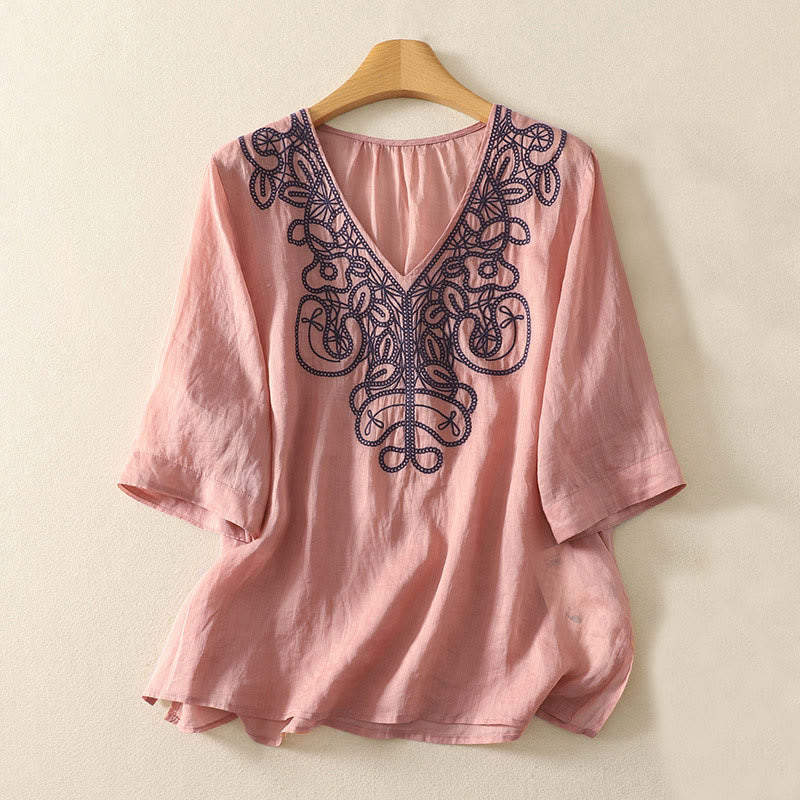 Embroidered V-neck Casual Women's Cotton Linen Half Sleeve T-shirt