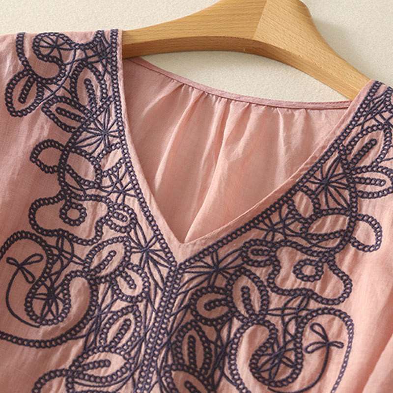 Embroidered V-neck Casual Women's Cotton Linen Half Sleeve T-shirt