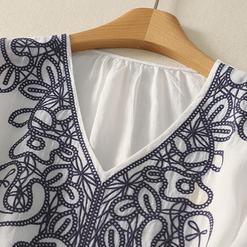 Embroidered V-neck Casual Women's Cotton Linen Half Sleeve T-shirt