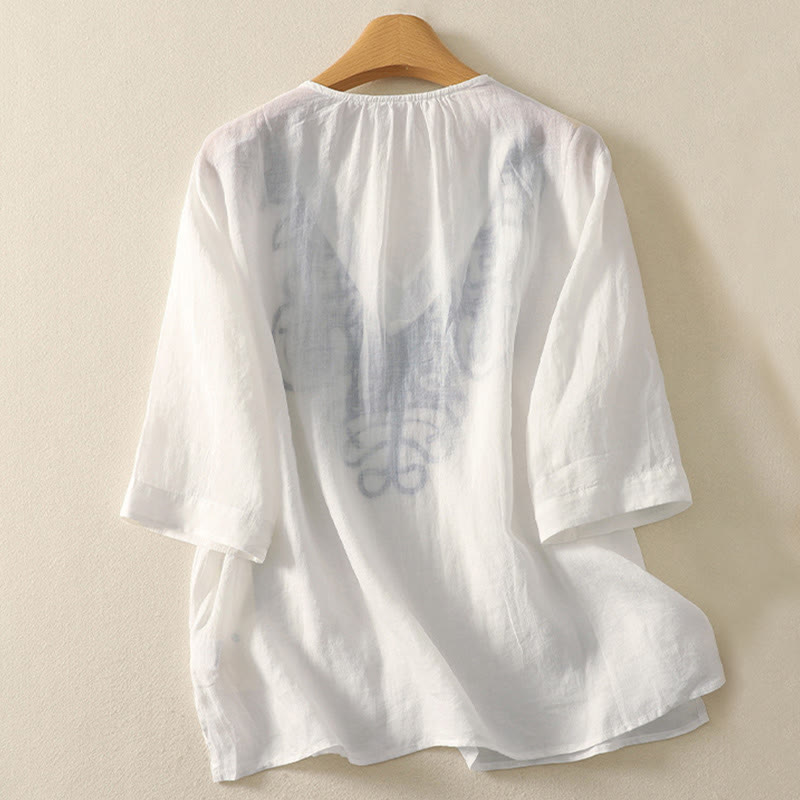 Embroidered V-neck Casual Women's Cotton Linen Half Sleeve T-shirt