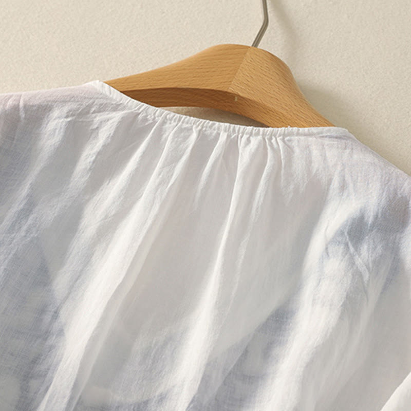Embroidered V-neck Casual Women's Cotton Linen Half Sleeve T-shirt