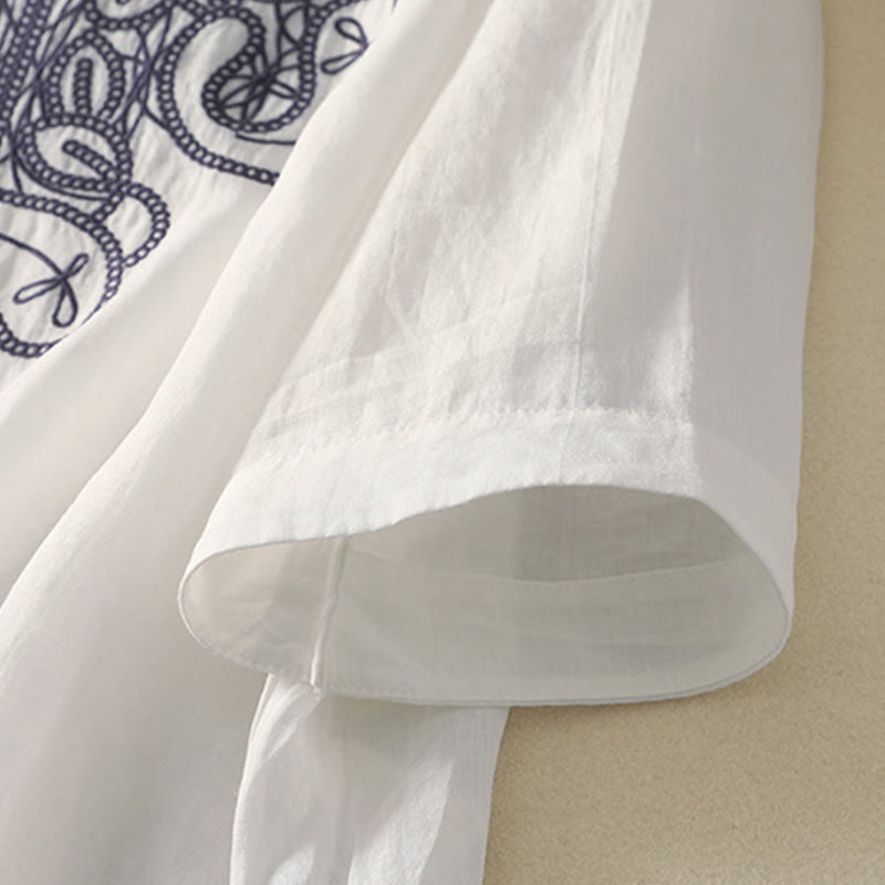 Embroidered V-neck Casual Women's Cotton Linen Half Sleeve T-shirt