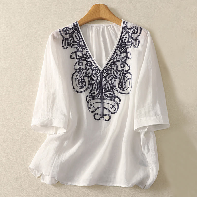 Embroidered V-neck Casual Women's Cotton Linen Half Sleeve T-shirt