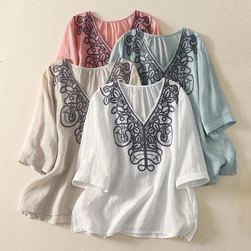 Embroidered V-neck Casual Women's Cotton Linen Half Sleeve T-shirt