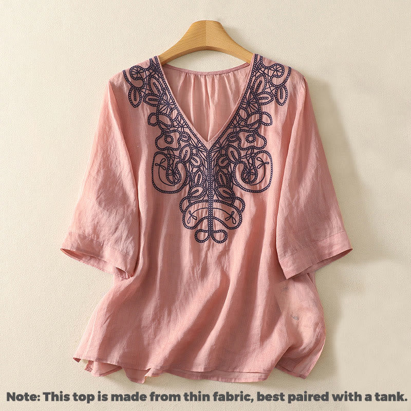 Embroidered V-neck Casual Women's Cotton Linen Half Sleeve T-shirt