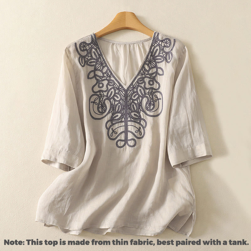 Embroidered V-neck Casual Women's Cotton Linen Half Sleeve T-shirt