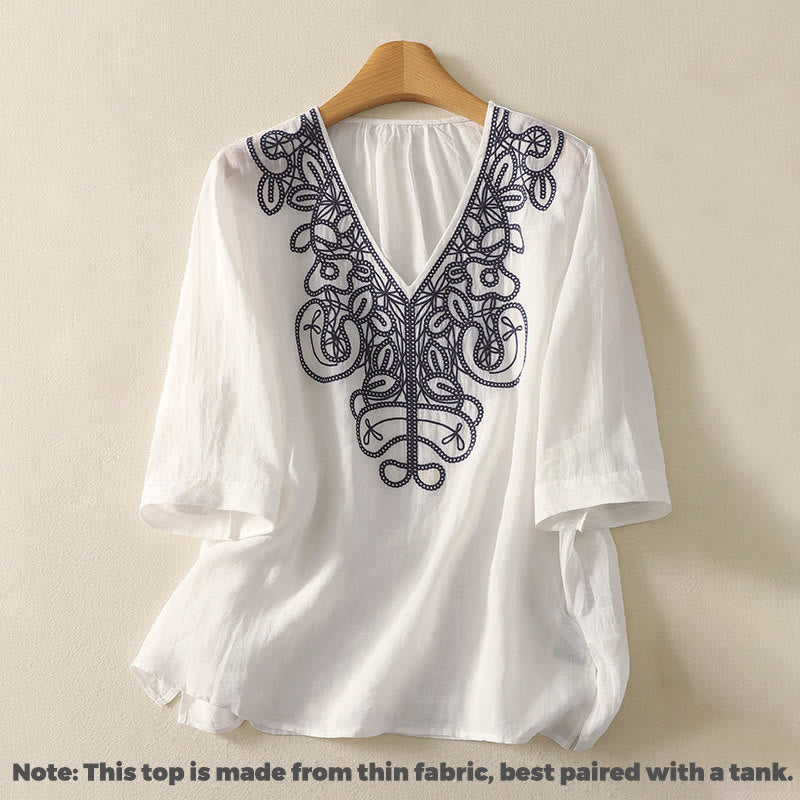 Embroidered V-neck Casual Women's Cotton Linen Half Sleeve T-shirt
