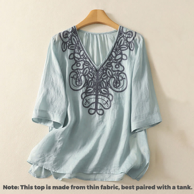 Embroidered V-neck Casual Women's Cotton Linen Half Sleeve T-shirt