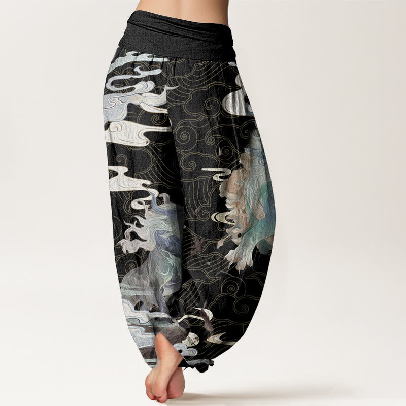 Pure Cotton PiXiu Auspicious Clouds Pattern Women's Elastic Waist Harem Pants