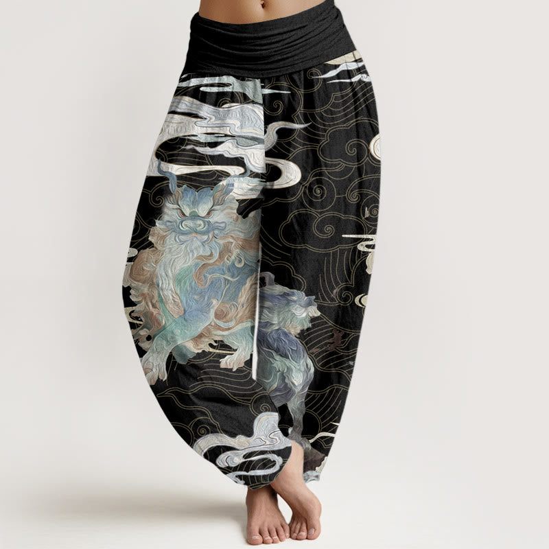 Pure Cotton PiXiu Auspicious Clouds Pattern Women's Elastic Waist Harem Pants