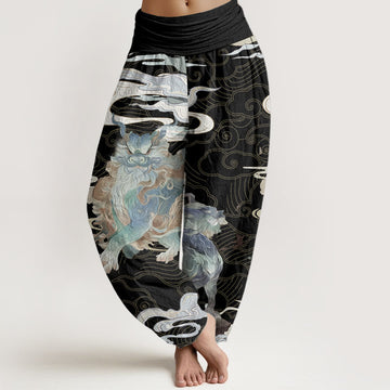 Pure Cotton PiXiu Auspicious Clouds Pattern Women's Elastic Waist Harem Pants