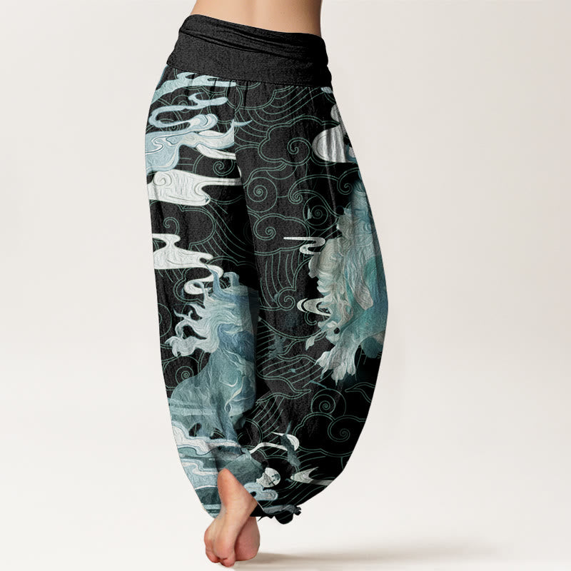 Pure Cotton PiXiu Auspicious Clouds Pattern Women's Elastic Waist Harem Pants