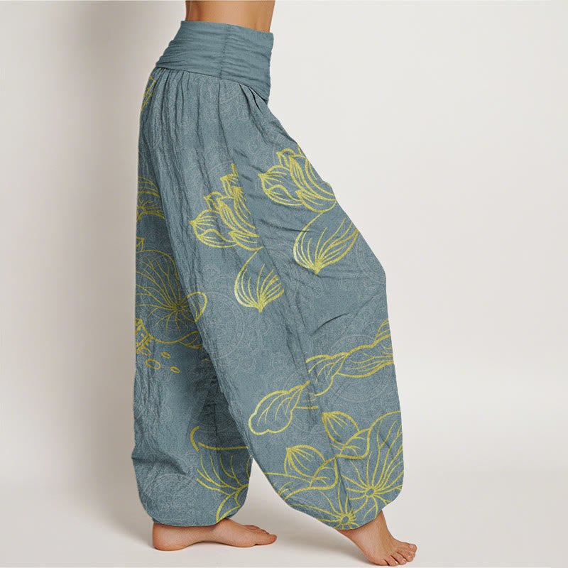 Pure Cotton Golden Lotus Mandala Pattern Women's Elastic Waist Harem Pants