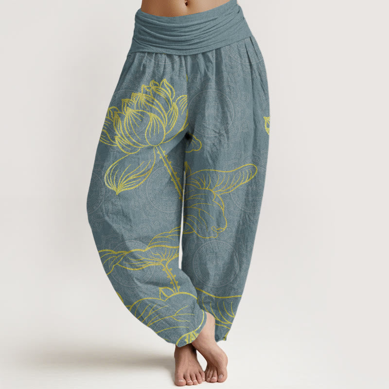 Pure Cotton Golden Lotus Mandala Pattern Women's Elastic Waist Harem Pants