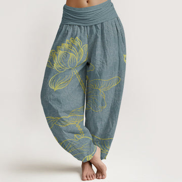 Pure Cotton Golden Lotus Mandala Pattern Women's Elastic Waist Harem Pants