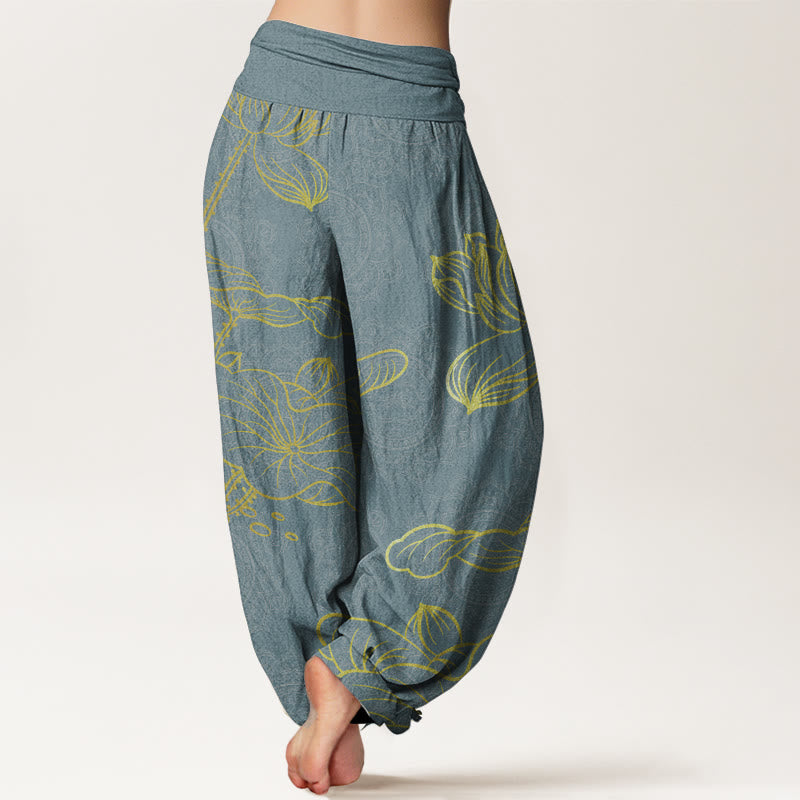 Pure Cotton Golden Lotus Mandala Pattern Women's Elastic Waist Harem Pants