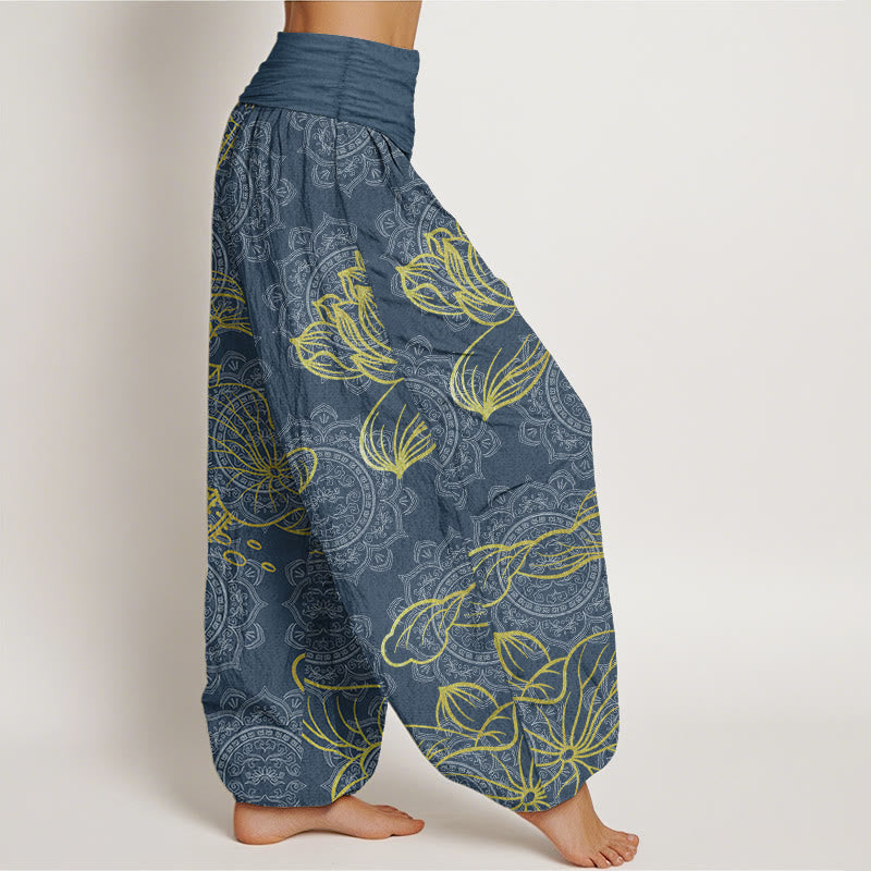 Pure Cotton Golden Lotus Mandala Pattern Women's Elastic Waist Harem Pants