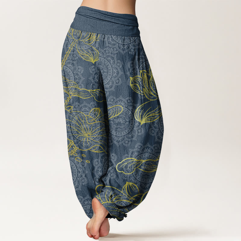 Pure Cotton Golden Lotus Mandala Pattern Women's Elastic Waist Harem Pants