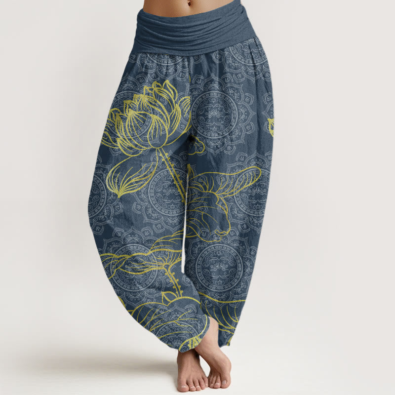 Pure Cotton Golden Lotus Mandala Pattern Women's Elastic Waist Harem Pants