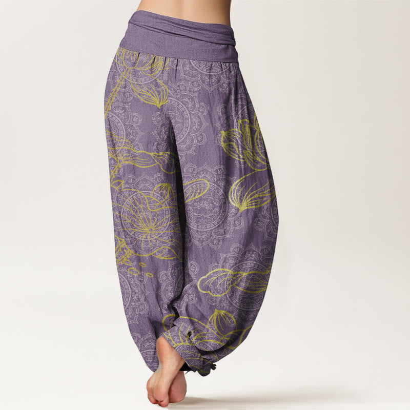 Pure Cotton Golden Lotus Mandala Pattern Women's Elastic Waist Harem Pants