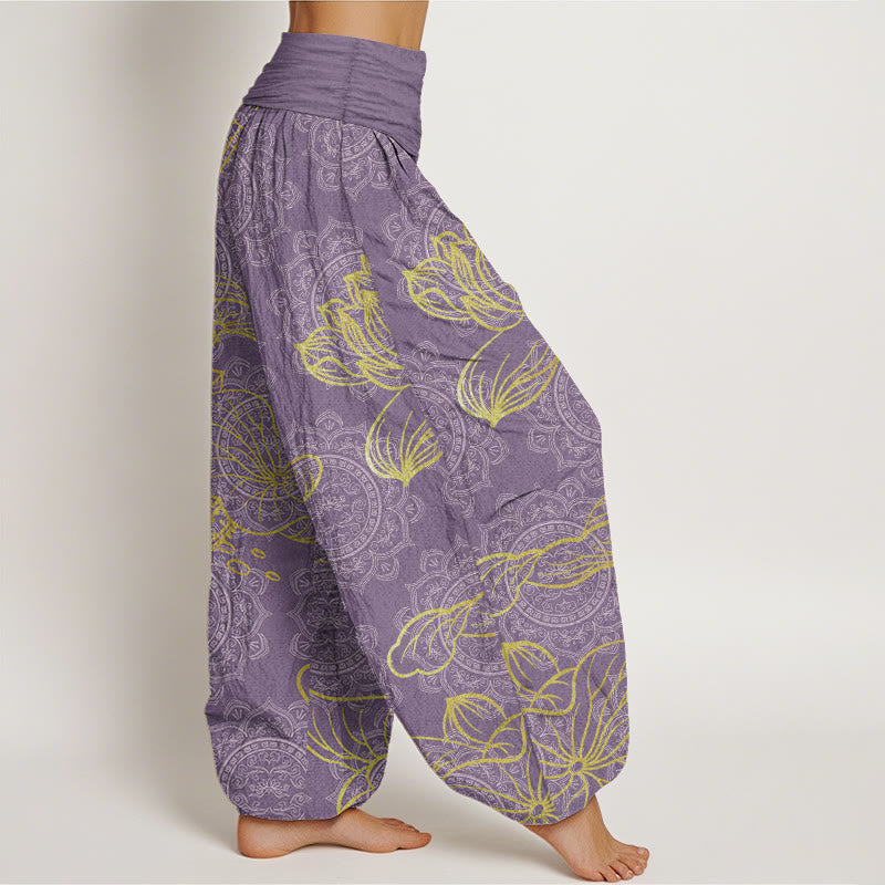Pure Cotton Golden Lotus Mandala Pattern Women's Elastic Waist Harem Pants