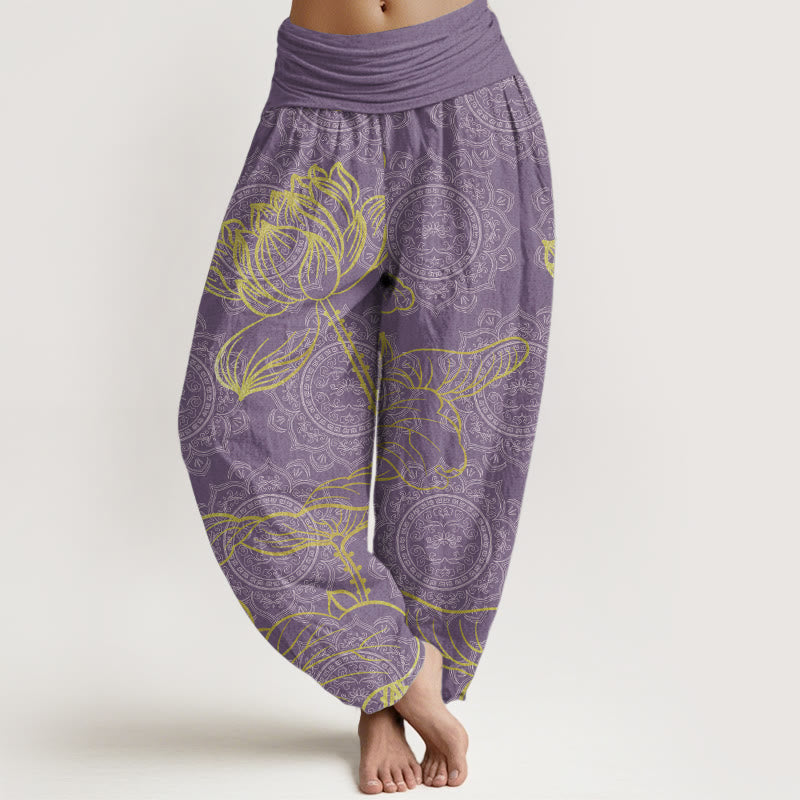 Pure Cotton Golden Lotus Mandala Pattern Women's Elastic Waist Harem Pants