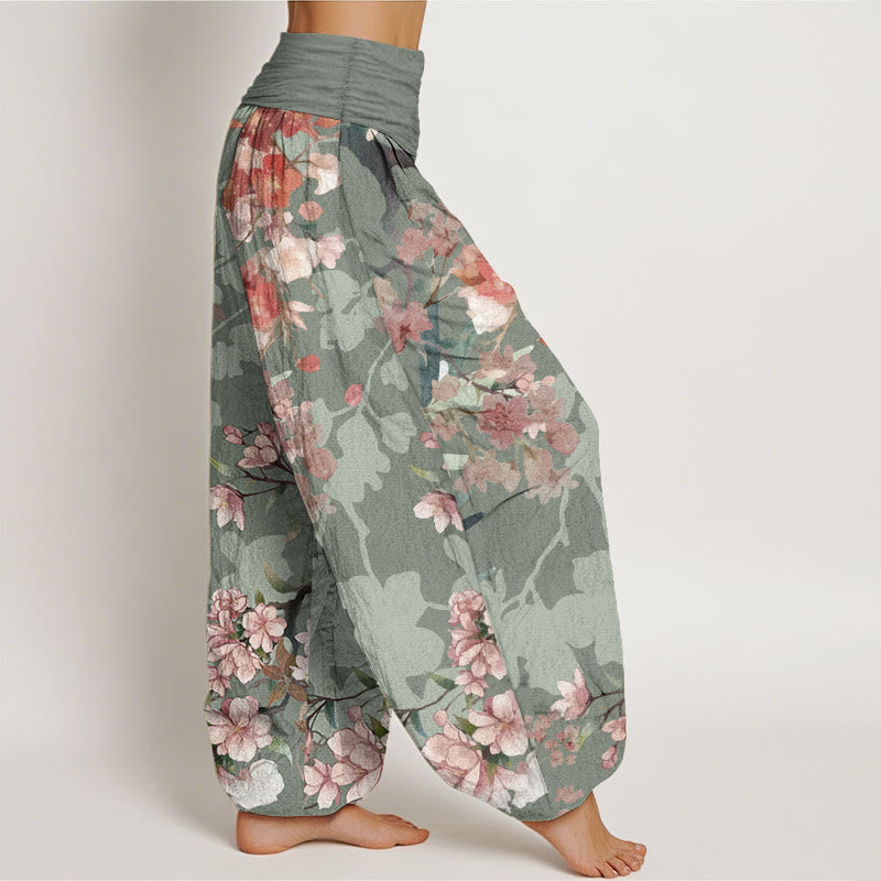 Pure Cotton Red Pink Blooming Flowers Lush Branches Women's Elastic Waist Harem Pants