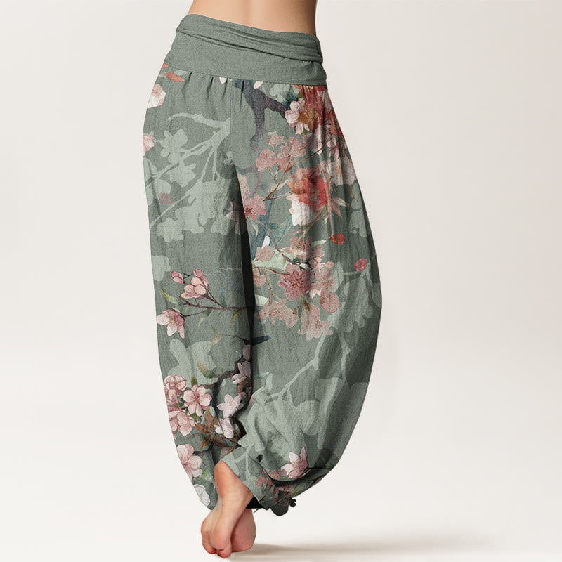 Pure Cotton Red Pink Blooming Flowers Lush Branches Women's Elastic Waist Harem Pants