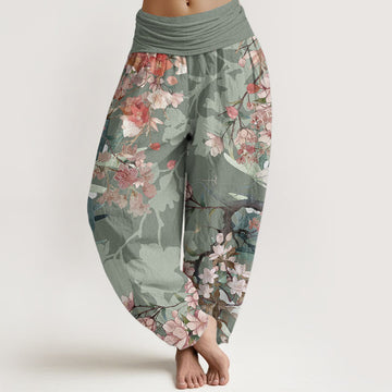 Pure Cotton Red Pink Blooming Flowers Lush Branches Women's Elastic Waist Harem Pants