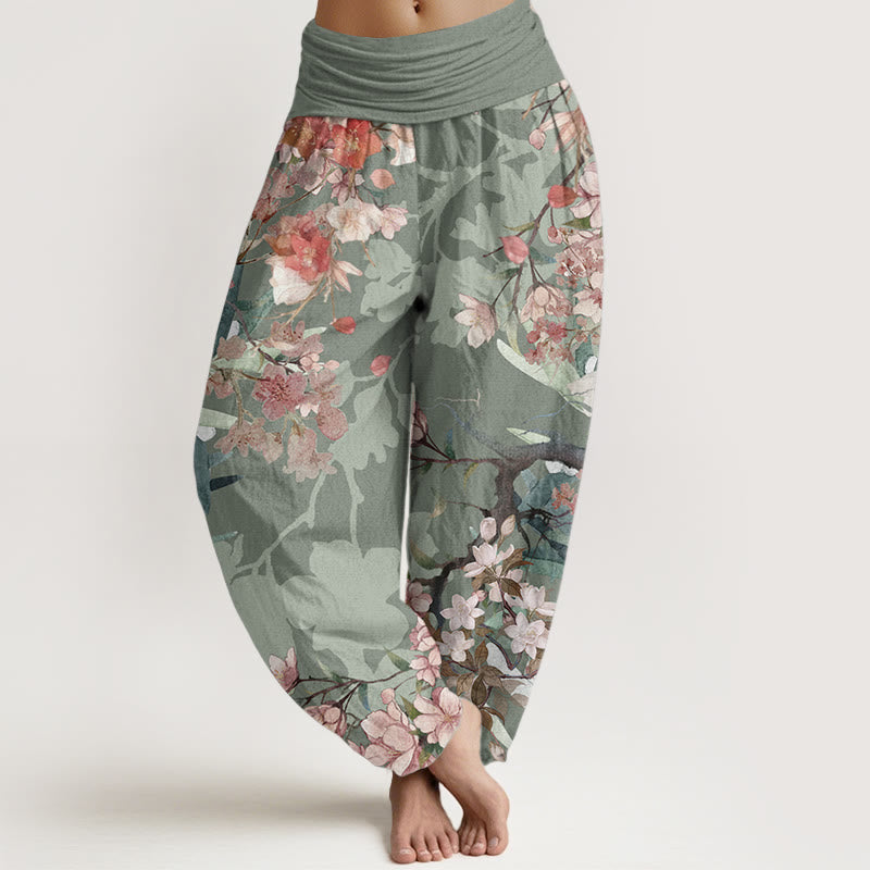 Pure Cotton Red Pink Blooming Flowers Lush Branches Women's Elastic Waist Harem Pants